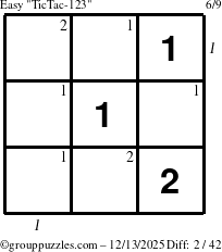 The grouppuzzles.com Easy TicTac-123 puzzle for Saturday December 13, 2025 with all 2 steps marked