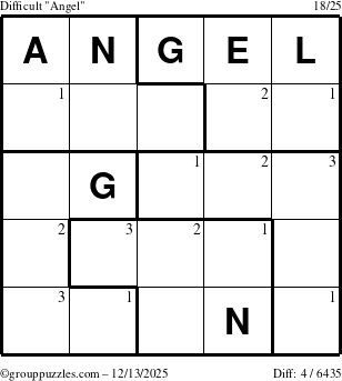The grouppuzzles.com Difficult Angel puzzle for Saturday December 13, 2025 with the first 3 steps marked