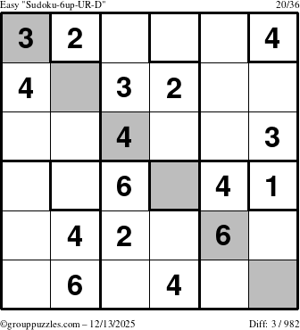The grouppuzzles.com Easy Sudoku-6up-UR-D puzzle for Saturday December 13, 2025