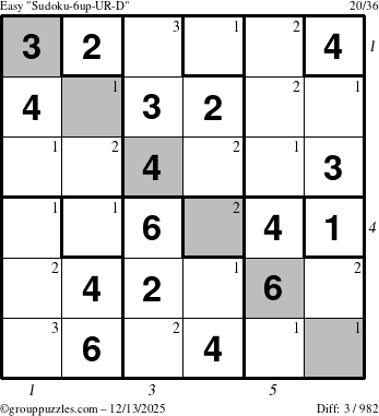 The grouppuzzles.com Easy Sudoku-6up-UR-D puzzle for Saturday December 13, 2025, suitable for printing, with all 3 steps marked