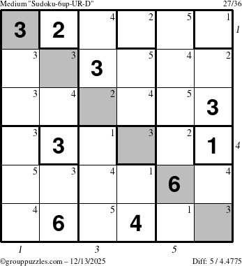 The grouppuzzles.com Medium Sudoku-6up-UR-D puzzle for Saturday December 13, 2025 with all 5 steps marked