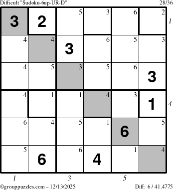 The grouppuzzles.com Difficult Sudoku-6up-UR-D puzzle for Saturday December 13, 2025 with all 6 steps marked