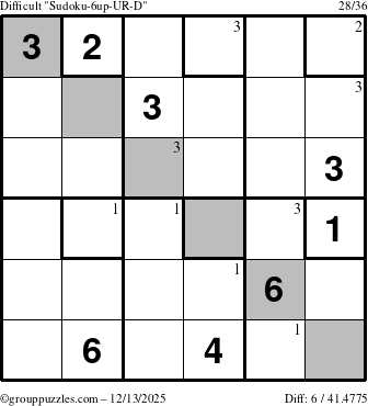 The grouppuzzles.com Difficult Sudoku-6up-UR-D puzzle for Saturday December 13, 2025 with the first 3 steps marked