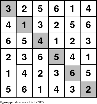 The grouppuzzles.com Answer grid for the Sudoku-6up-UR-D puzzle for Saturday December 13, 2025