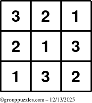 The grouppuzzles.com Answer grid for the TicTac-123 puzzle for Saturday December 13, 2025