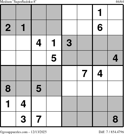 The grouppuzzles.com Medium SuperSudoku-8 puzzle for Saturday December 13, 2025