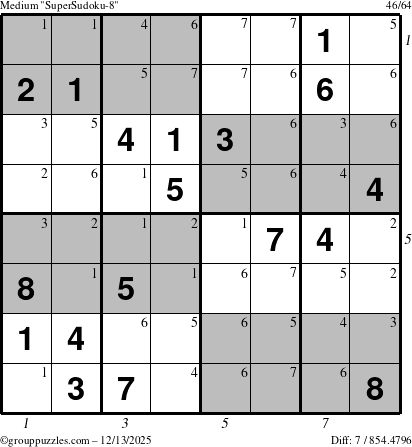 The grouppuzzles.com Medium SuperSudoku-8 puzzle for Saturday December 13, 2025, suitable for printing, with all 7 steps marked