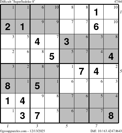 The grouppuzzles.com Difficult SuperSudoku-8 puzzle for Saturday December 13, 2025, suitable for printing, with all 10 steps marked