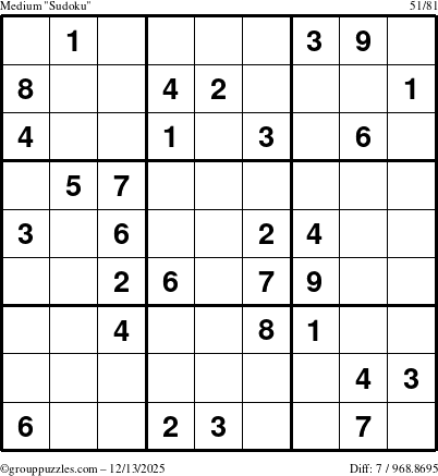 The grouppuzzles.com Medium Sudoku puzzle for Saturday December 13, 2025