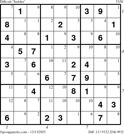The grouppuzzles.com Difficult Sudoku puzzle for Saturday December 13, 2025 with all 12 steps marked