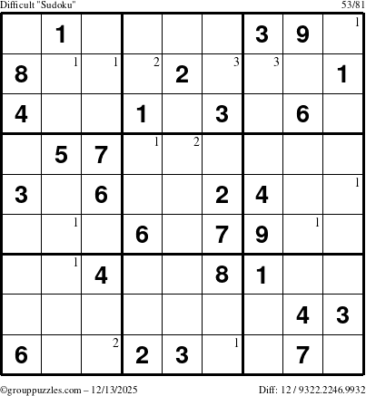 The grouppuzzles.com Difficult Sudoku puzzle for Saturday December 13, 2025 with the first 3 steps marked
