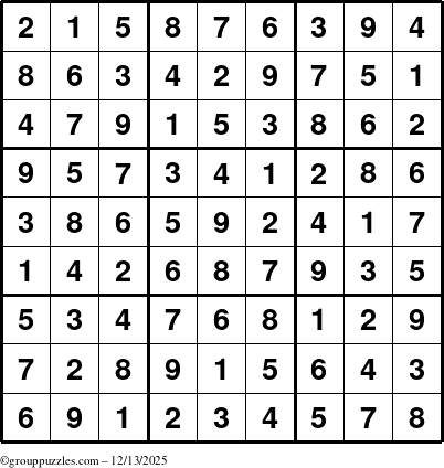 The grouppuzzles.com Answer grid for the Sudoku puzzle for Saturday December 13, 2025