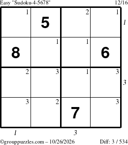 The grouppuzzles.com Easy Sudoku-4-5678 puzzle for Monday October 26, 2026, suitable for printing, with all 3 steps marked