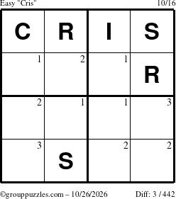 The grouppuzzles.com Easy Cris puzzle for Monday October 26, 2026 with the first 3 steps marked