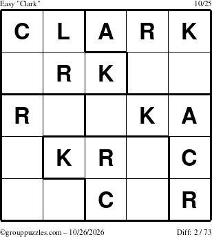 The grouppuzzles.com Easy Clark puzzle for Monday October 26, 2026