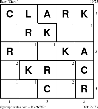 The grouppuzzles.com Easy Clark puzzle for Monday October 26, 2026, suitable for printing, with all 2 steps marked