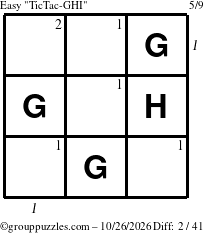 The grouppuzzles.com Easy TicTac-GHI puzzle for Monday October 26, 2026, suitable for printing, with all 2 steps marked