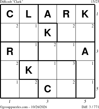The grouppuzzles.com Difficult Clark puzzle for Monday October 26, 2026 with all 3 steps marked