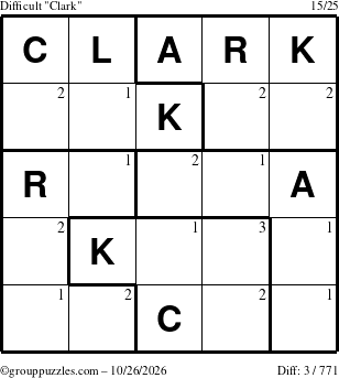 The grouppuzzles.com Difficult Clark puzzle for Monday October 26, 2026 with the first 3 steps marked