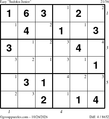 The grouppuzzles.com Easy Sudoku-Junior puzzle for Monday October 26, 2026 with all 4 steps marked