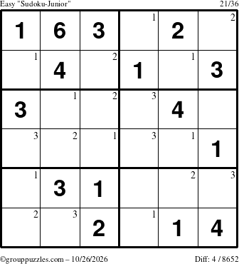 The grouppuzzles.com Easy Sudoku-Junior puzzle for Monday October 26, 2026 with the first 3 steps marked