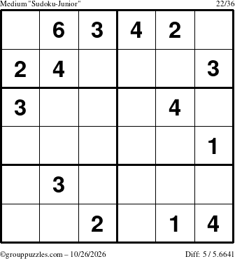 The grouppuzzles.com Medium Sudoku-Junior puzzle for Monday October 26, 2026