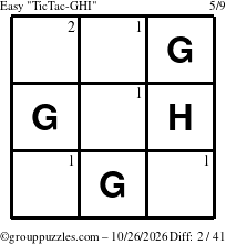 The grouppuzzles.com Easy TicTac-GHI puzzle for Monday October 26, 2026 with the first 2 steps marked