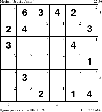 The grouppuzzles.com Medium Sudoku-Junior puzzle for Monday October 26, 2026, suitable for printing, with all 5 steps marked