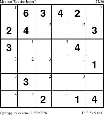 The grouppuzzles.com Medium Sudoku-Junior puzzle for Monday October 26, 2026 with the first 3 steps marked