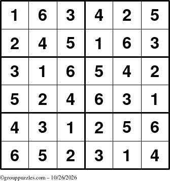 The grouppuzzles.com Answer grid for the Sudoku-Junior puzzle for Monday October 26, 2026