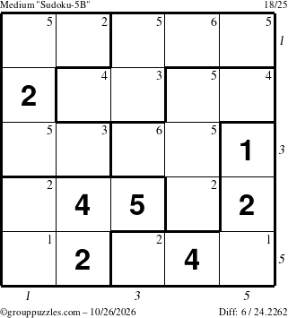 The grouppuzzles.com Medium Sudoku-5B puzzle for Monday October 26, 2026, suitable for printing, with all 6 steps marked