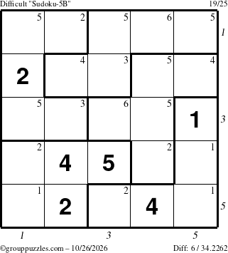 The grouppuzzles.com Difficult Sudoku-5B puzzle for Monday October 26, 2026, suitable for printing, with all 6 steps marked
