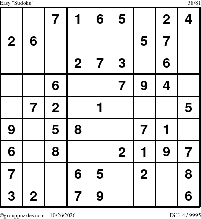 The grouppuzzles.com Easy Sudoku puzzle for Monday October 26, 2026