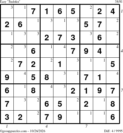 The grouppuzzles.com Easy Sudoku puzzle for Monday October 26, 2026 with all 4 steps marked