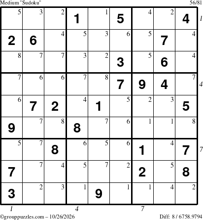 The grouppuzzles.com Medium Sudoku puzzle for Monday October 26, 2026, suitable for printing, with all 8 steps marked