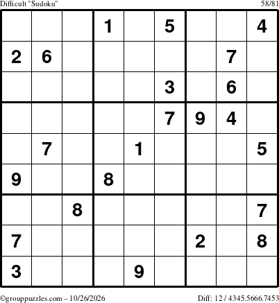 The grouppuzzles.com Difficult Sudoku puzzle for Monday October 26, 2026