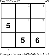 The grouppuzzles.com Easy TicTac-456 puzzle for Monday October 26, 2026 with all 2 steps marked