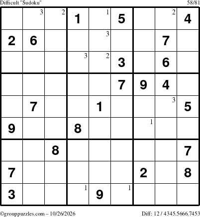 The grouppuzzles.com Difficult Sudoku puzzle for Monday October 26, 2026 with the first 3 steps marked