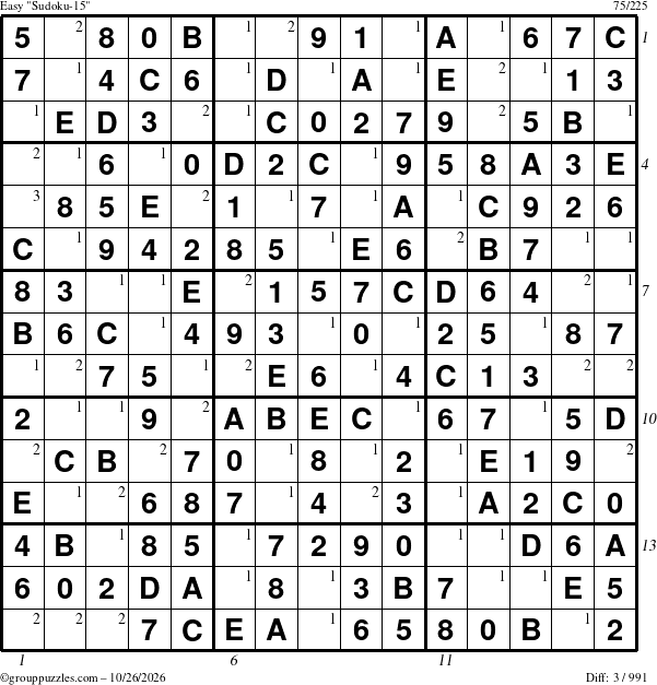 The grouppuzzles.com Easy Sudoku-15 puzzle for Monday October 26, 2026 with all 3 steps marked