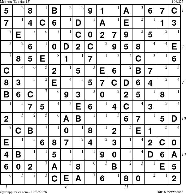The grouppuzzles.com Medium Sudoku-15 puzzle for Monday October 26, 2026, suitable for printing, with all 8 steps marked