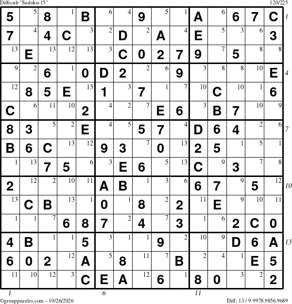 The grouppuzzles.com Difficult Sudoku-15 puzzle for Monday October 26, 2026, suitable for printing, with all 13 steps marked