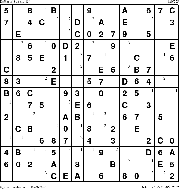 The grouppuzzles.com Difficult Sudoku-15 puzzle for Monday October 26, 2026 with the first 3 steps marked