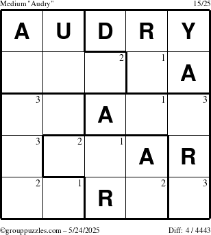 The grouppuzzles.com Medium Audry puzzle for Saturday May 24, 2025 with the first 3 steps marked