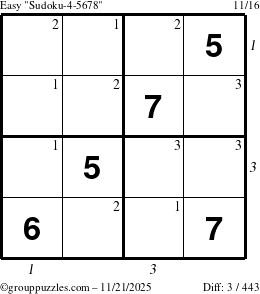 The grouppuzzles.com Easy Sudoku-4-5678 puzzle for Friday November 21, 2025 with all 3 steps marked