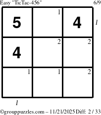 The grouppuzzles.com Easy TicTac-456 puzzle for Friday November 21, 2025 with all 2 steps marked
