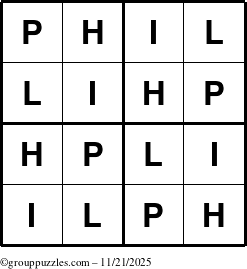 The grouppuzzles.com Answer grid for the Phil puzzle for Friday November 21, 2025