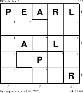 The grouppuzzles.com Difficult Pearl puzzle for Friday November 21, 2025, suitable for printing, with all 3 steps marked