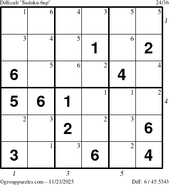 The grouppuzzles.com Difficult Sudoku-6up puzzle for Friday November 21, 2025, suitable for printing, with all 6 steps marked