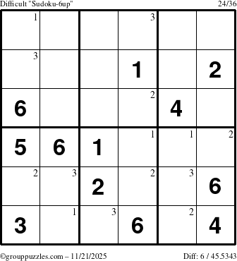 The grouppuzzles.com Difficult Sudoku-6up puzzle for Friday November 21, 2025 with the first 3 steps marked