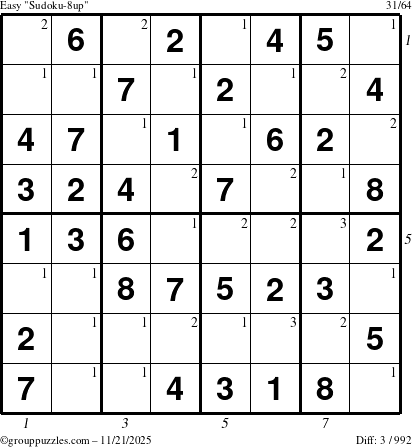 The grouppuzzles.com Easy Sudoku-8up puzzle for Friday November 21, 2025, suitable for printing, with all 3 steps marked